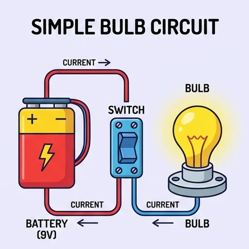 A colourful beginner diagram of a simple bulb circuit