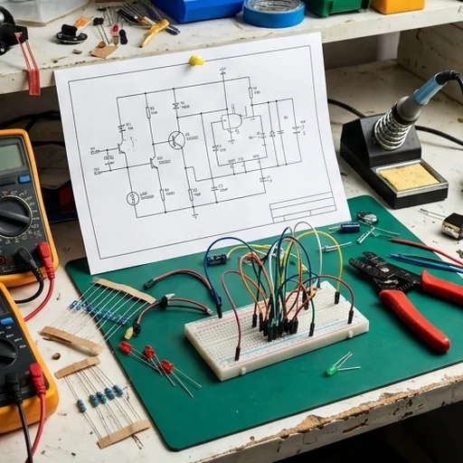 A schematic pinned to a workbench beside components