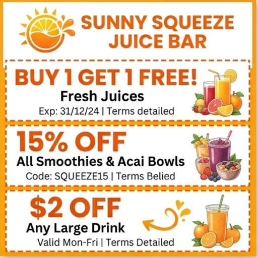 Three coupons for a juice bar in matching orange branding