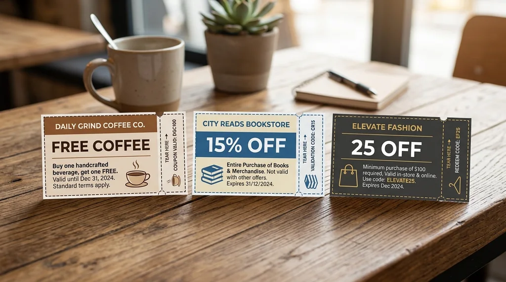 AI coupon designs for a coffee shop, a bookstore and a fashion store on a desk