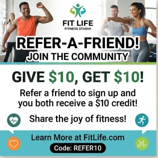 Refer-a-friend coupon card for a fitness studio