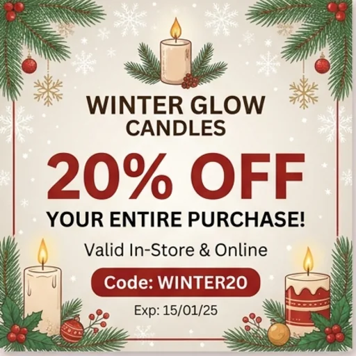 Winter holiday coupon for a candle shop with snowflakes