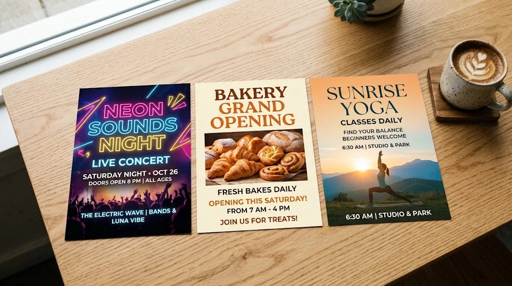AI flyers for a concert, a bakery opening and a yoga class laid out on a table