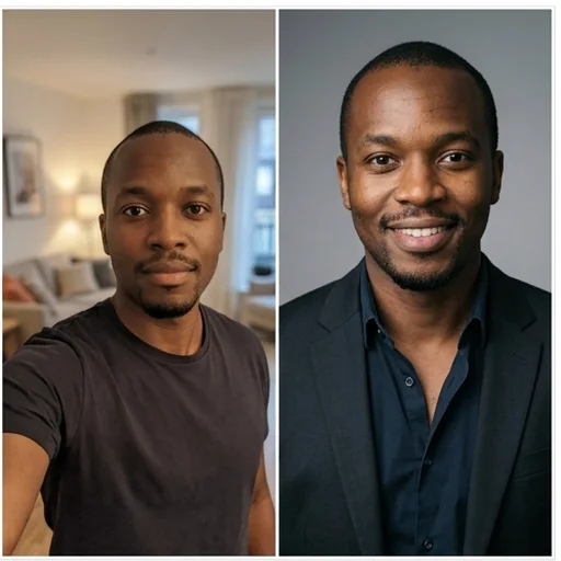 A selfie at home turned into a headshot with a blazer and studio backdrop