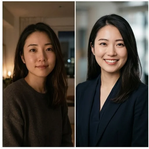 A soft dim portrait next to the clear well-lit headshot
