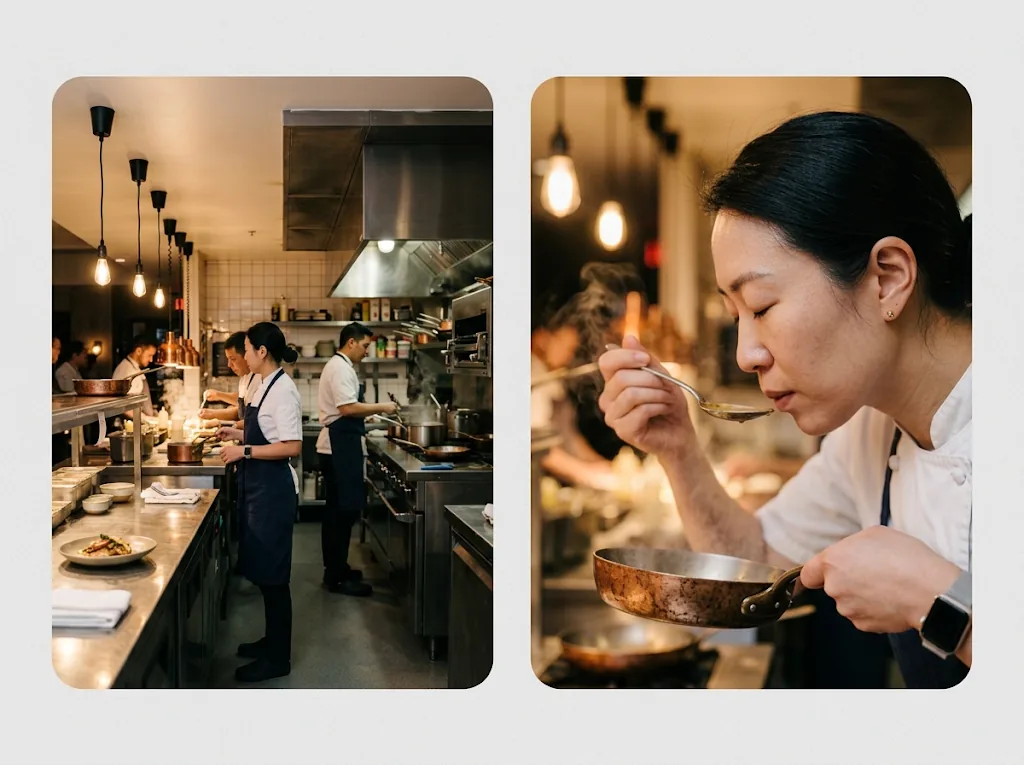 The same chef shown in a wide kitchen shot and an intimate close-up