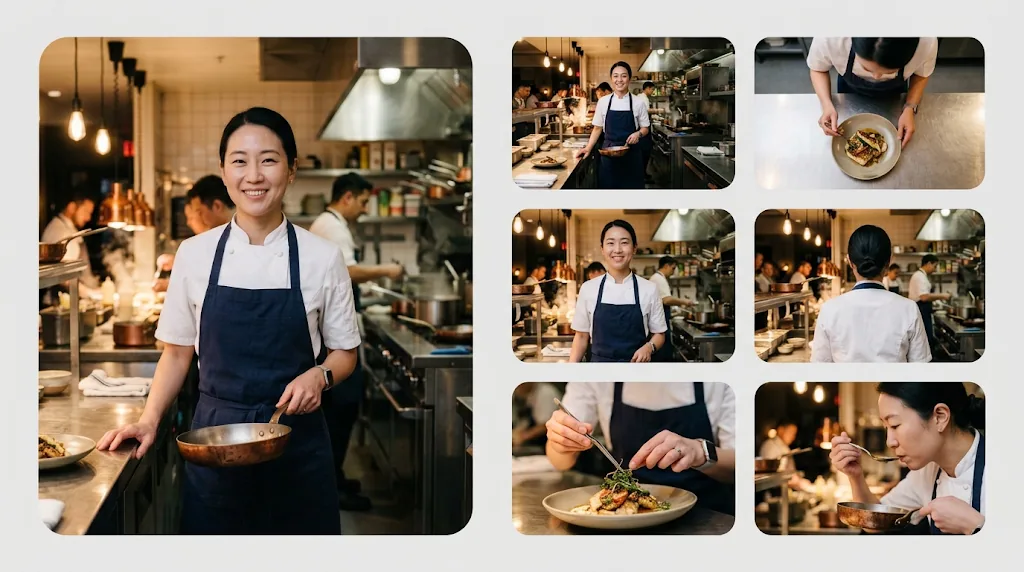 One photo of a chef in her kitchen turned into six storyboard angles of the same scene