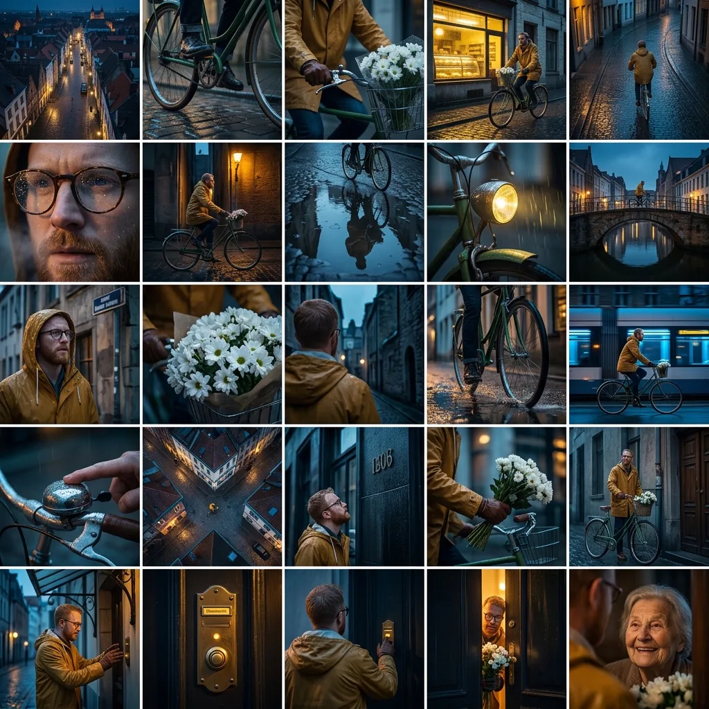 A 25-frame storyboard of a man cycling through a rainy old town to deliver flowers