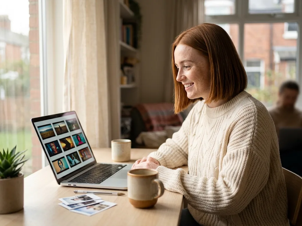 A creator reviewing a storyboard on a laptop at a bright desk