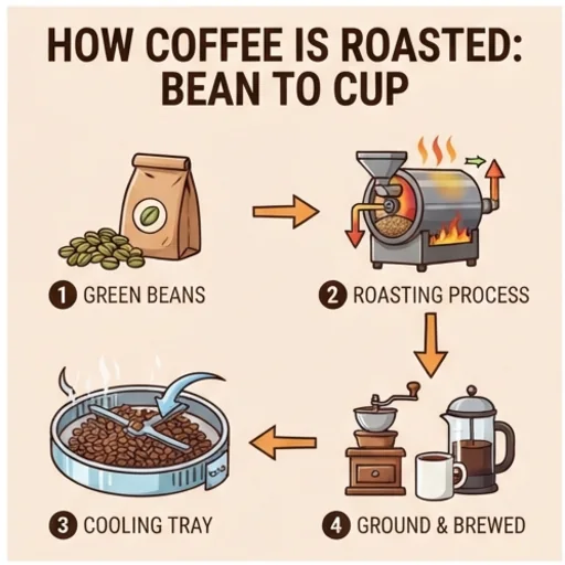 Infographic about how coffee is roasted, from bean to cup