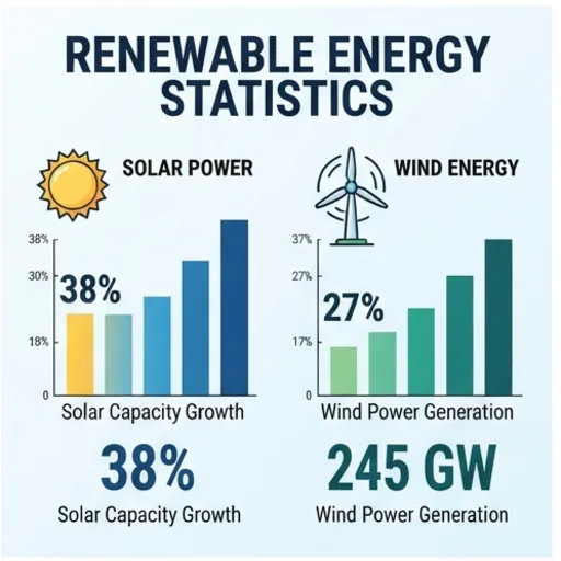 Infographic with bar charts and big numbers about renewable energy