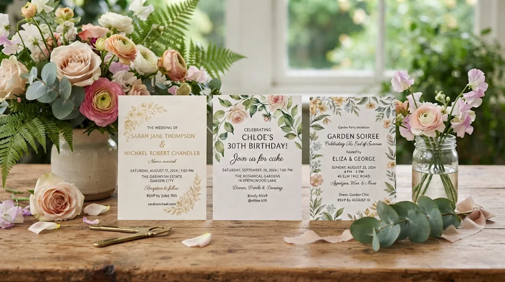 AI invitations for a wedding, a birthday and a garden party on a table with flowers