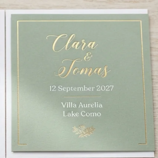 Romantic wedding invitation in sage and gold
