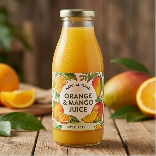 A juice bottle label with fresh fruit illustrations