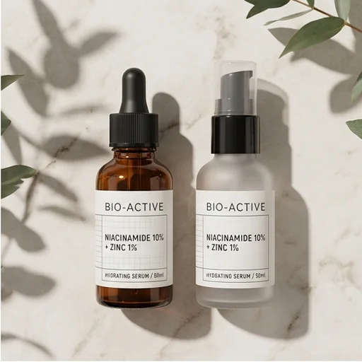 Skincare bottles with minimal clinical labels