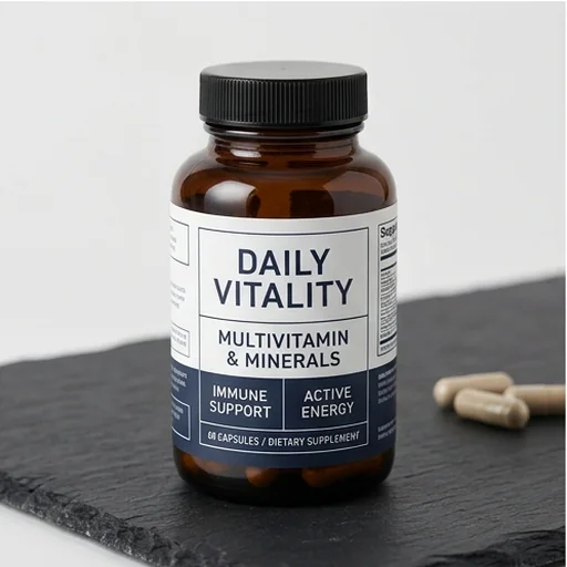 A supplement bottle label with a clear information layout