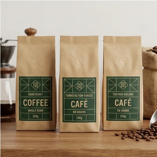 The same coffee bag label in three languages