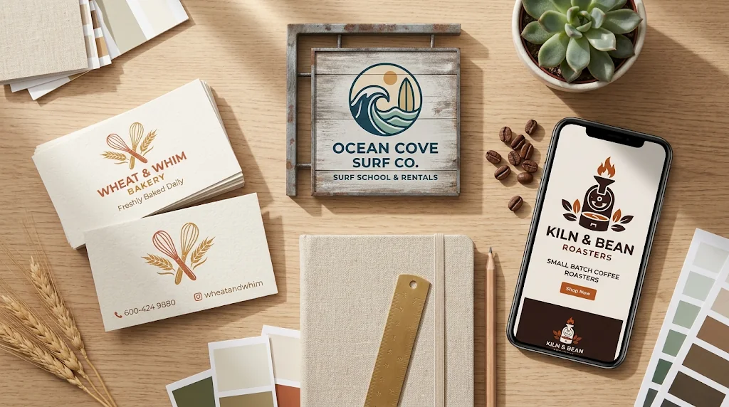 AI logo concepts for several small businesses shown on business cards, a sign and a phone