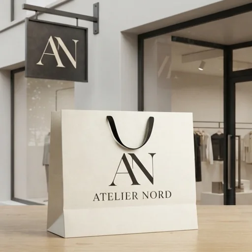 Apparel store logo on a shopping bag and shop sign