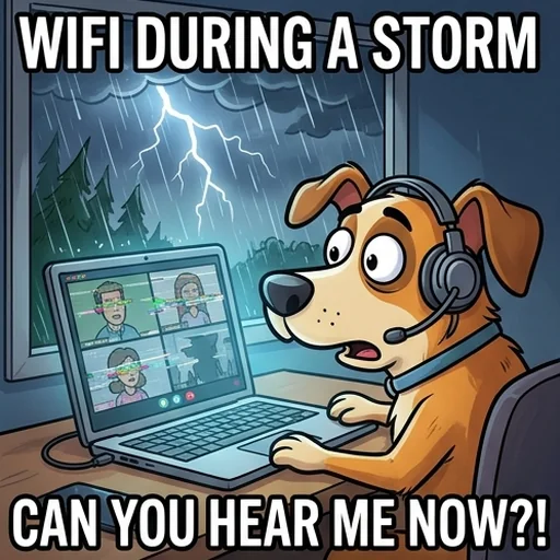 An original meme of a cartoon dog in a rainy video call