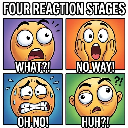 Four exaggerated cartoon reaction faces