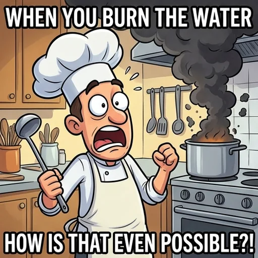 A meme with a bold caption over a surprised cartoon chef