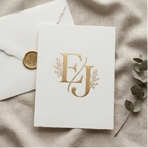 Initials E and J combined into a wedding monogram on an invitation