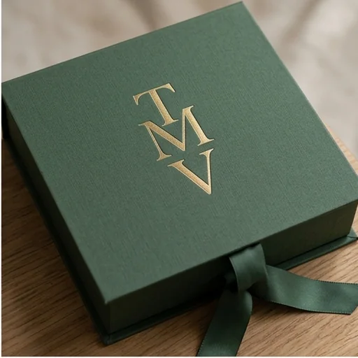 A stacked letter monogram on a product box
