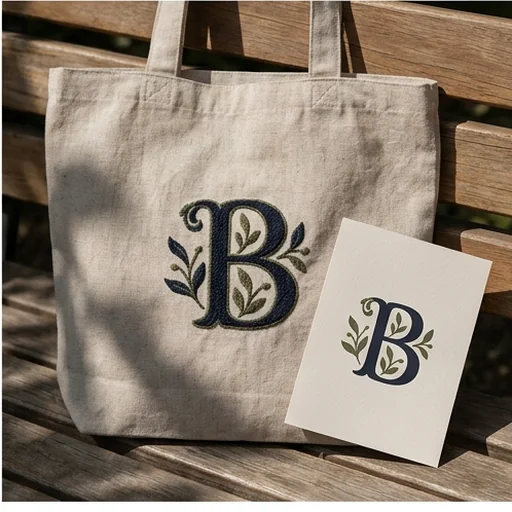 A monogram embroidered on a tote bag and printed on a card