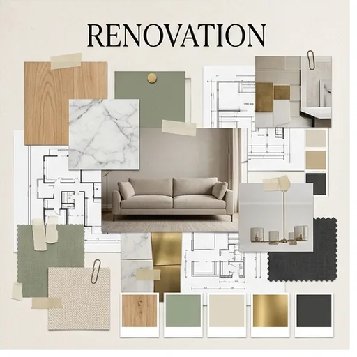 A home renovation mood board with materials and furniture