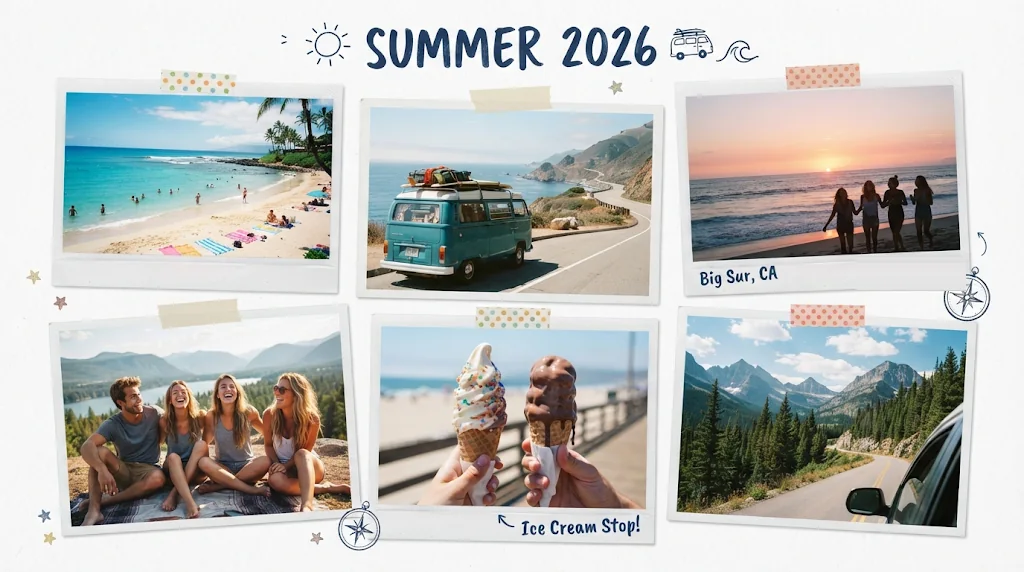 AI photo collage of a summer trip with six photos and a handwritten title