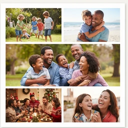 Family collage with a large group photo and four smaller moments