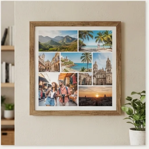 Printed travel collage in a frame on a wall