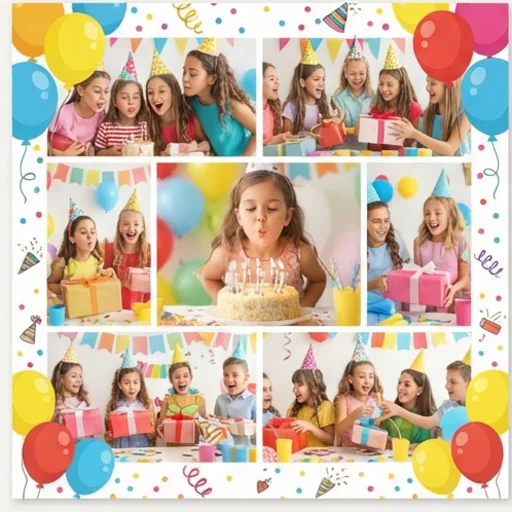 Birthday party collage with balloons and confetti borders