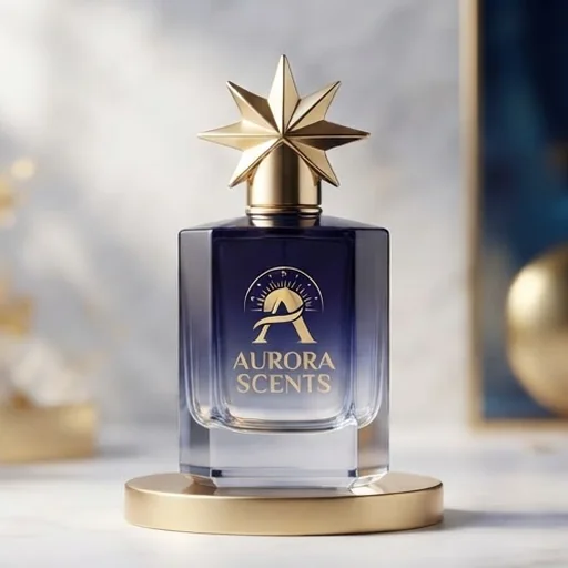 A perfume bottle beside the logo designed from its colours