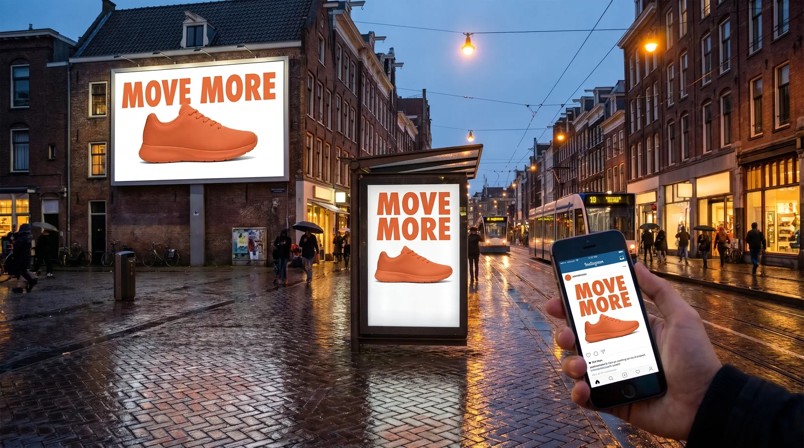 One Move More running campaign shown on a billboard, a bus-stop poster and a phone