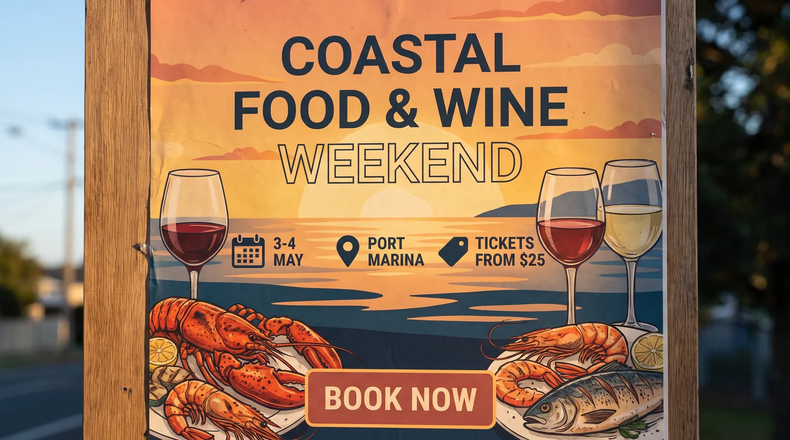 Coastal Food and Wine Weekend poster with the date, venue, ticket price and a Book now button