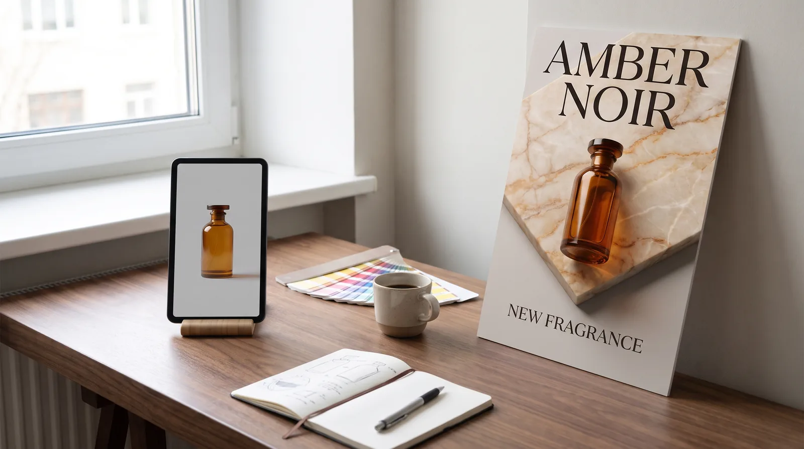 A plain perfume product photo on a phone next to the finished Amber Noir poster made from it