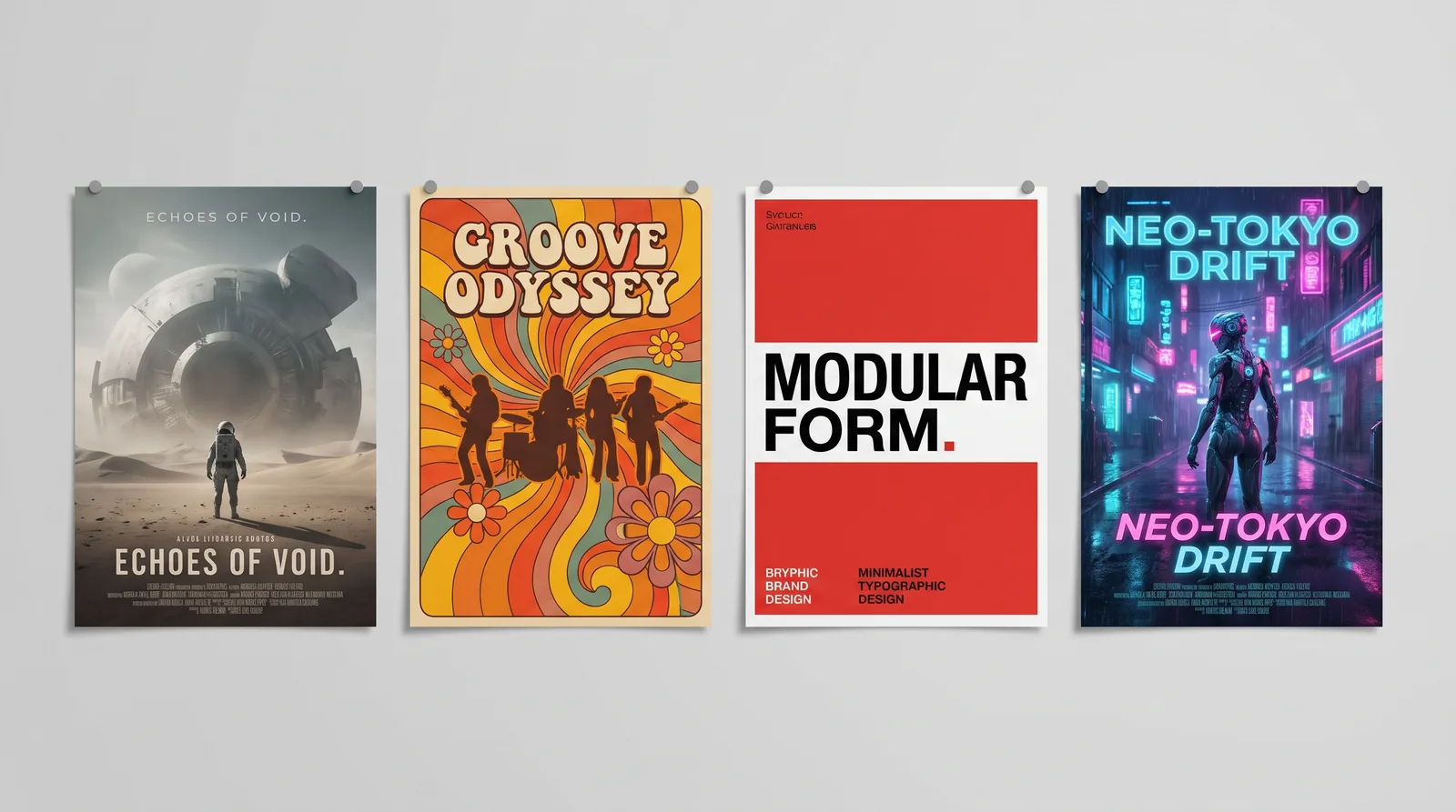 Four posters in different moods pinned on a studio wall: sci-fi, retro music, Swiss minimal and neon