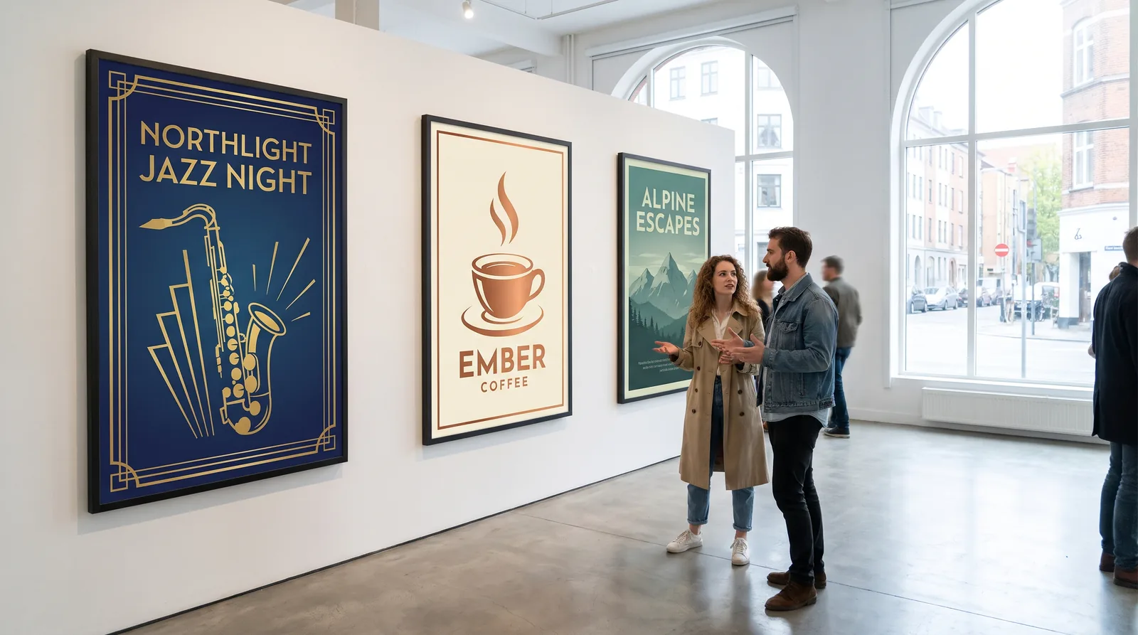 Visitors discussing three framed posters in a bright gallery: a jazz night, a coffee launch and a mountain travel poster