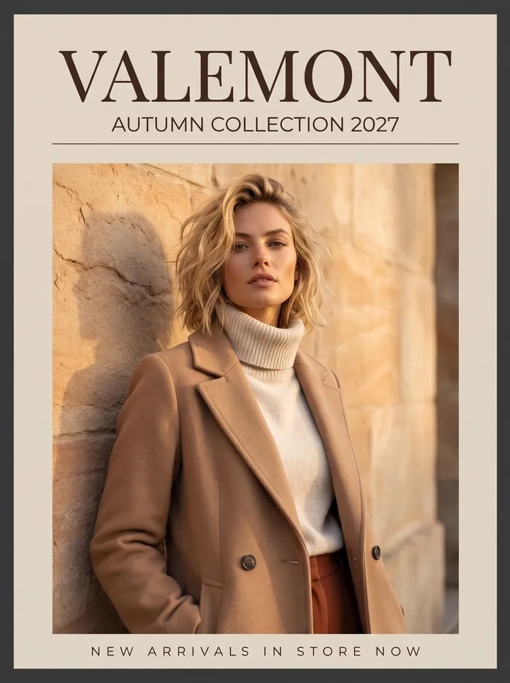 VALEMONT autumn collection poster with a model in a camel coat against a sandstone wall