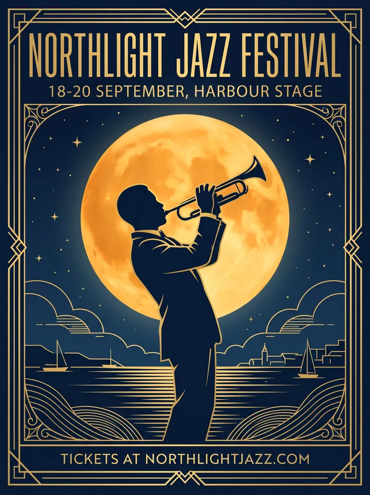 Northlight Jazz Festival poster with a trumpet player in front of a golden full moon