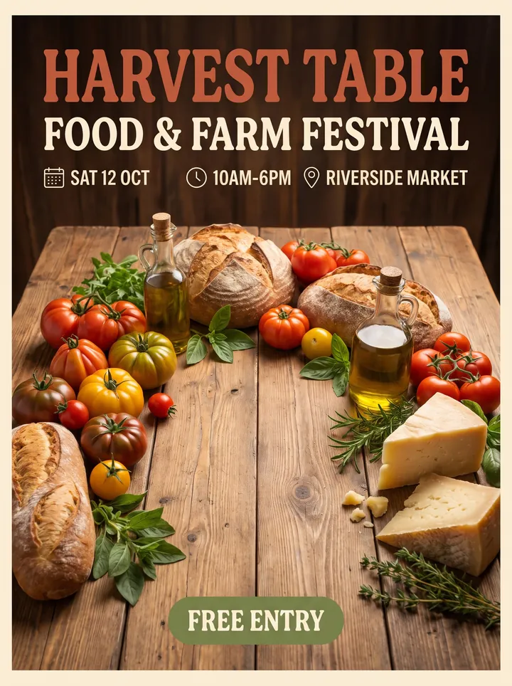 Harvest Table food and farm festival poster with fresh produce on a wooden table