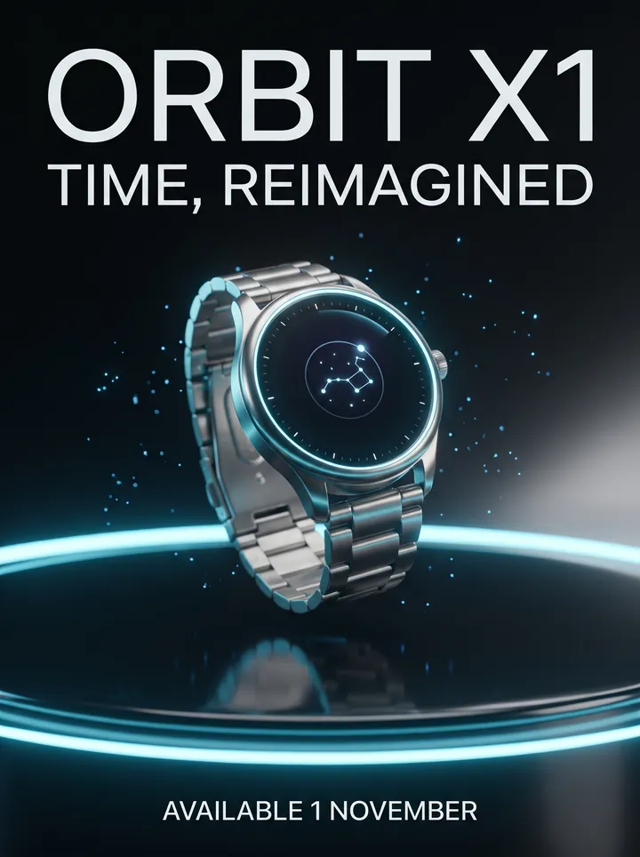 ORBIT X1 smartwatch launch poster with cyan light on a black surface