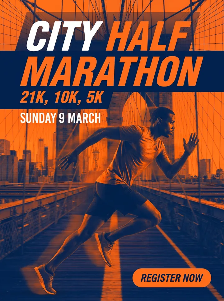 City Half Marathon poster with a runner on a bridge in orange and blue duotone