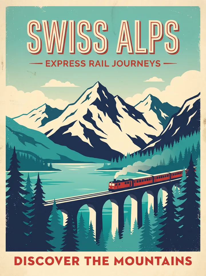 Swiss Alps vintage travel poster with a red train crossing a viaduct
