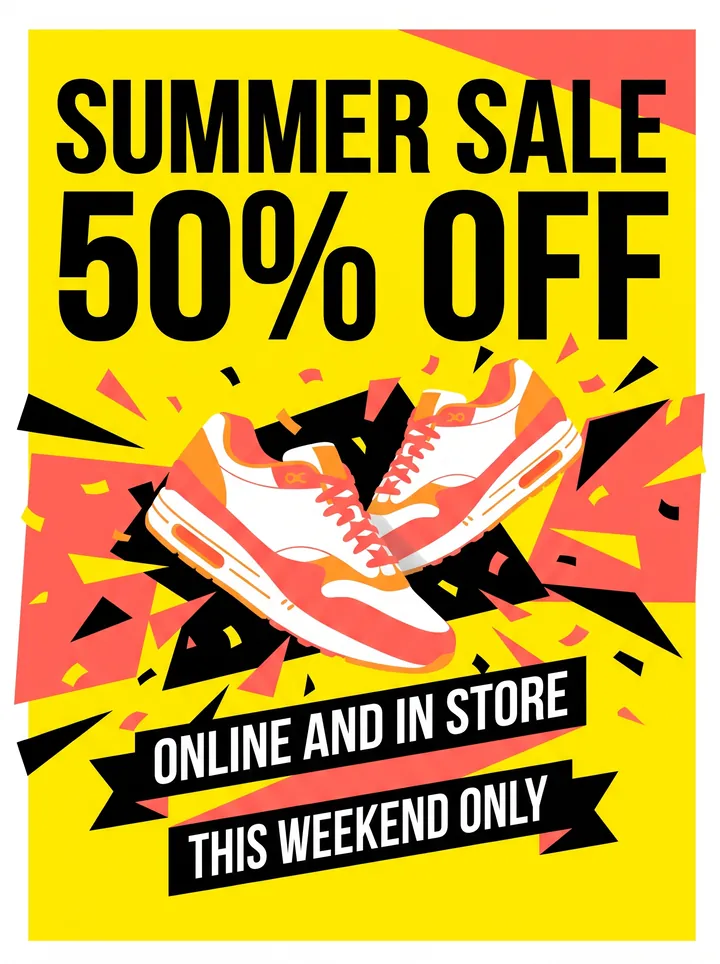 Summer Sale 50% off poster with coral sneakers on bright yellow