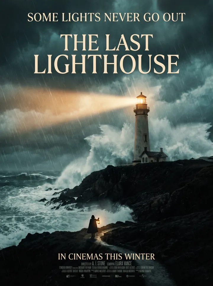 The Last Lighthouse movie poster with a lighthouse in a violent storm