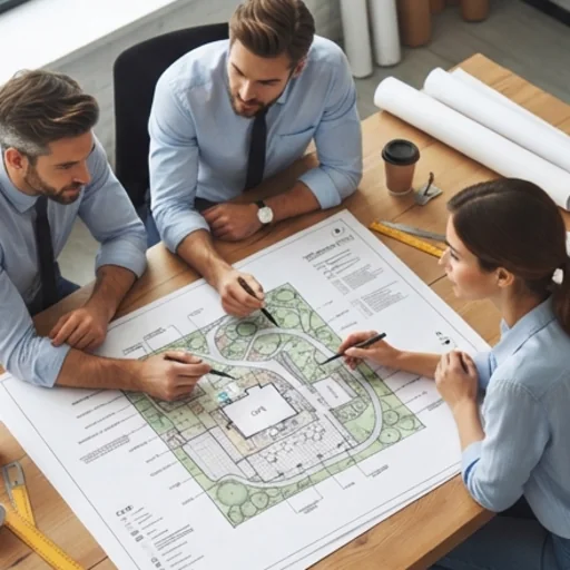 Site plan presented on a table with people reviewing it