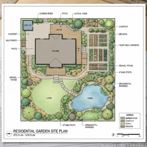 Labelled site plan of a garden with a patio, pond and vegetable beds